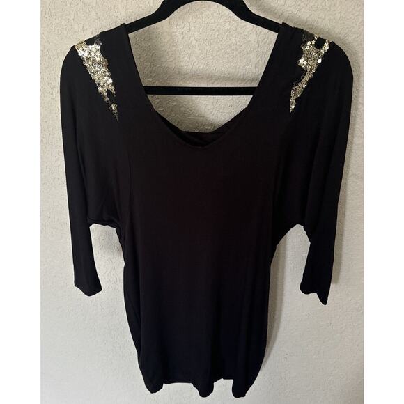 Fitted Black Gold Party Mini Dress Scoop Neck 3/4 Sleeve Sequin Stretch Size S - Picture 4 of 12